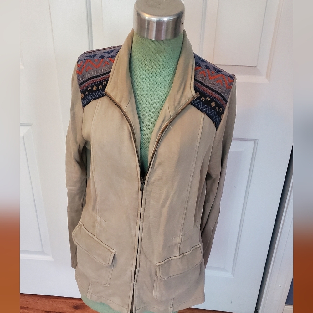 Others Follow Beige Utility Jacket with Patterned Shoulders